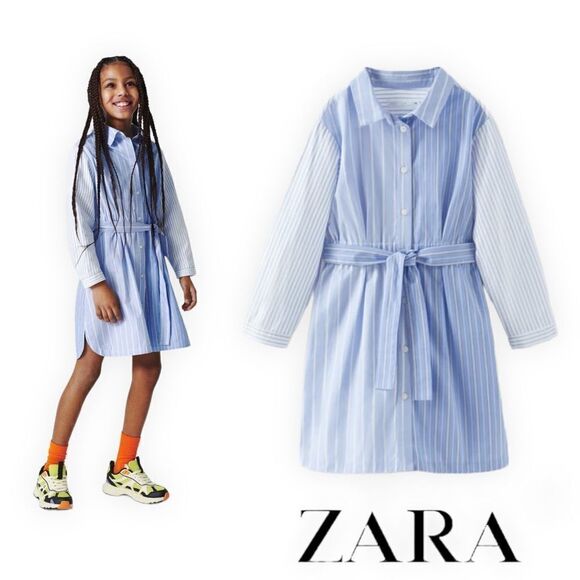 ZARA Kids | Blue | CONTRASTING STRIPED POPLIN SHIRTDRESS - Picture 1 of 5